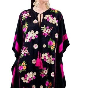 SHAHIDA PARIDES BLACK & PINK EMBROIDERED SHORT SILK KAFTAN DRESS - HOLIDAY 2017